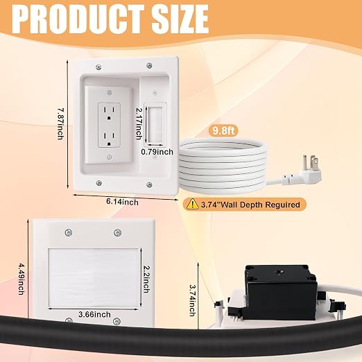 in-Wall TV Cable Management Kit with Recessed Dual AC Outlet, 9FT Extension Cord & Brush Wall Plate, TV Wire Hider for Wall Mounted TV, Power & Low Voltage Cable Concealer (2AC) - Image 2