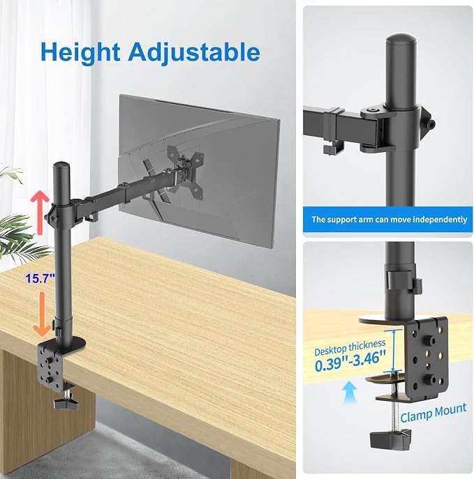 H&C(hcck&Cllassp) Single Monitor Mount, Desk Mount with Swivel, Tilt, Rotation, Height Adjustable, VESA Mount for 17-27” Monitors up to 17.6 lbs, Monitor Stand with C-Clamp, Black - Image 4