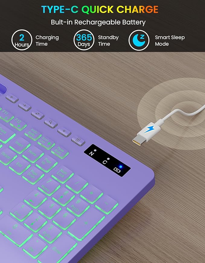 Wireless Keyboard, 7 Colored Backlits, Wrist Rest, Phone Holder-Purple | Rechargeable Ergonomic Computer Keyboard with Silent Keys, Full Size Lighted Keyboard for Windows, Mac, PC, Laptop - Image 4