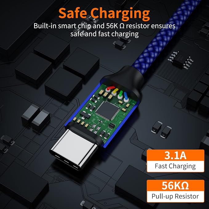JXMOX Short USB C Cable (1ft 3-Pack), USB A to Type-C Charger Cord 3.1A Fast Charging Compatible with iPhone 15 16 Pro Max, Samsung Galaxy S22 S21 S20 S10 S9, Note 10, A80 A70 A50, Power Bank (Blue) - Image 5