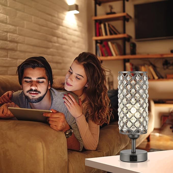 Crystal Table Lamp, 3 Way Dimmable Touch Lamps for Night Stands, Gray | Gray Crystal Bedside Lamp, Nightstand Lamp for Bedroom - Image 5