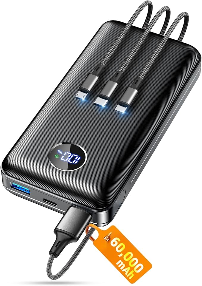ZZI Portable Charger Power Bank 60000mAh, 22.5W PD Fast-Charge Battery Pack | Charge 5 Devices, 3-Ports & 3 in 1 Cable, 60% in 30min, 10 times for iPhone, Fit All Cell Phone/Tablets,Camping/Travel/Outage by Unknown