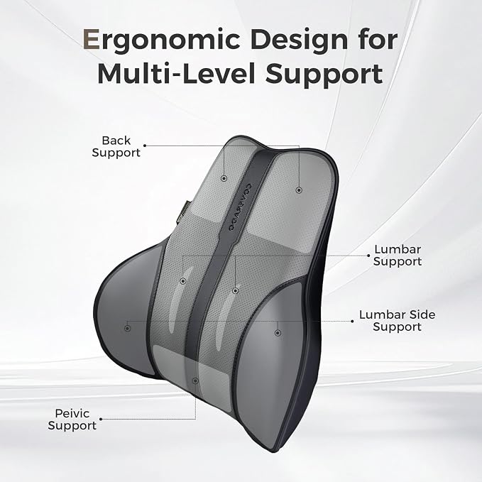 Coverado Lumbar Support Pillow for Car, Ergonomic Memory Foam Back Pillow for Office Chair, Back Cushion for Back Pain Relief, PU Leather Car Lumbar Support for Driving Seat - Black&Gray - Image 2