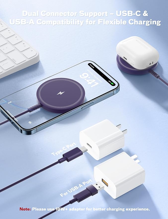 Bohuma Magnetic Wireless Charger for iPhone – 15W Fast Charging Pad with Dual Ports - Compatible with iPhone 12-17 & AirPods 4 3 2 Pro – Purple Sleek Aluminum Alloy Design for Home, Office & Travel - Image 5