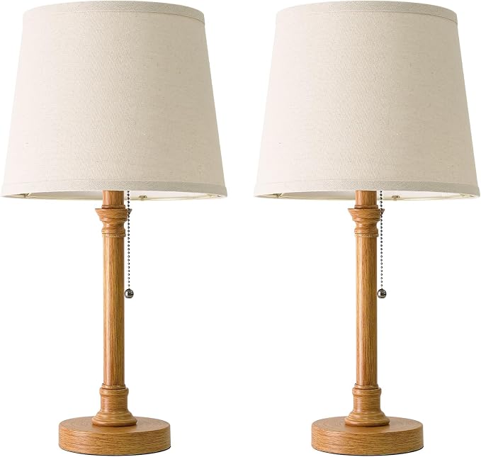 19.5" Wood Grain Rustic Table Lamps Set of 2 for Living Room Bedroom | Pull Chain Switch Bedside Table Lamps, White Linen Shade, Small Desk Lamp for Living Room, Bedroom, Home Office, Nursery - Image 8