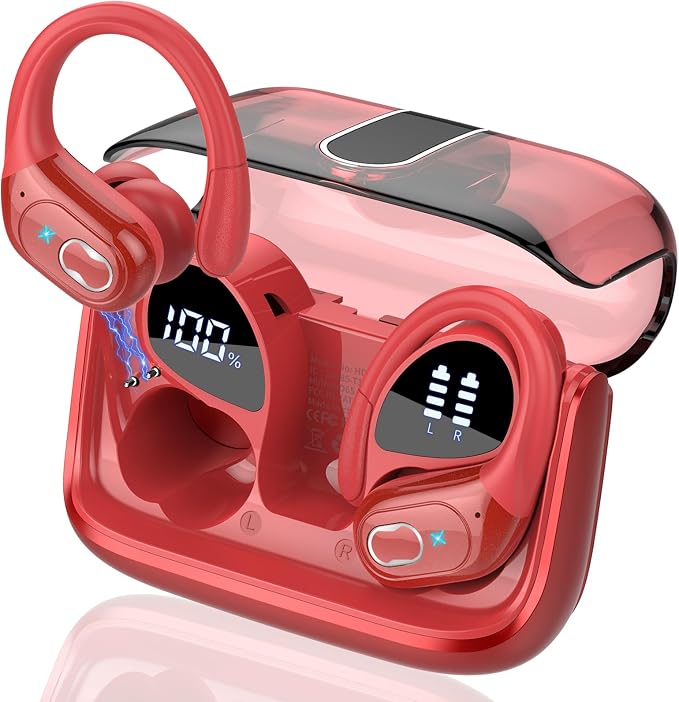 Wireless Earbuds 75H Bluetooth 5.4 Sport Headphones with Earhooks, Red | IPX7 Waterproof In-ear Buds Feature ENC Noise Cancelling Mic & Deep Bass. Stereo Sound Device for Gym Running Workout by Aptkdoe