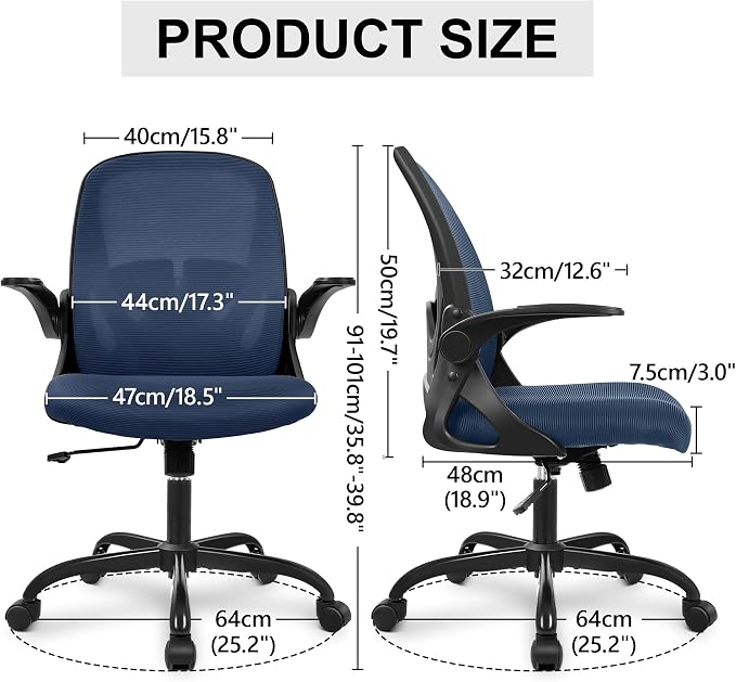 Office Chair Ergonomic Desk Chair with Flip up Armrests Swivel Breathable Desk Mesh Computer Chair with Adjustable Lumbar Support and Height for Conference Room (Navy) - Image 3