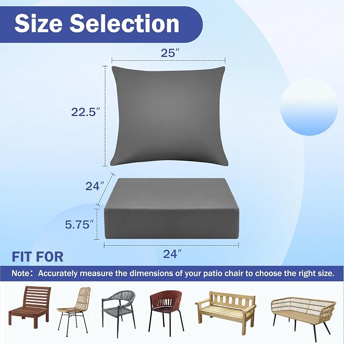 Outdoor Chair Cushions, 24 x 24 Inch Outdoor Cushion for Patio Furniture, Patio Chair Cushion, Waterproof & Fade Resistant Deep Patio Furniture Cushions Set with Handle and Ties, Dark Grey (Set of 2) - Image 2