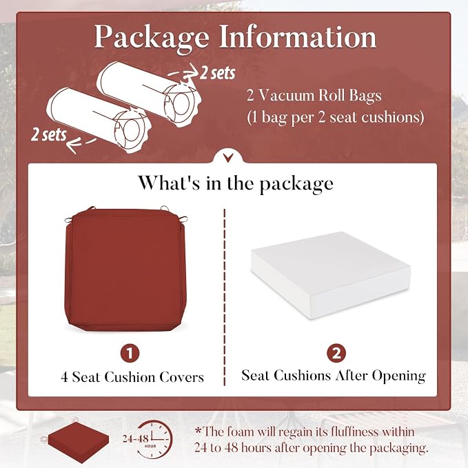 Basic Beyond Outdoor Chair Cushions for Patio Furniture, Waterproof Outdoor Seat Cushions Set of 4 19 x 19, Patio Chair Cushions Set of 4 with Ties and Handle, Brick Red - Image 8