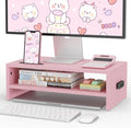 BONTEC Wooden Monitor Stand Riser for Desk, 2-Tier Computer Monitor Stand | 66 lbs Desk Shelf Organizer with Storage, Laptop & Printer Stand with Phone Holder and Cable Management, Pink, 16.5 Inch by BONTEC