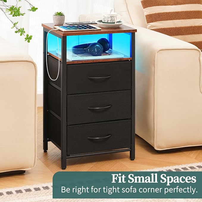 Yoobure Night Stand with Charging Station, 3 Fabric Drawers Nightstand, Bedside Tables with Storage Shelf, End Table with 16 Colors LED, Small Dresser for Small Space, Black Brown | 16 Colors Bedside Table with 3 Fabric Drawers & Storage Shelf, End Tab... - Image 7