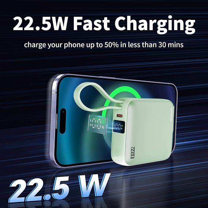 Hichain Portable Charger with Dual Built-in Cables 10000mAh Small Power Bank 22.5W Fast Charging Mini Powerbank LED Display Travel Essential Battery Pack for iPhone 17 16 15 14 13 All Series Green - Image 2