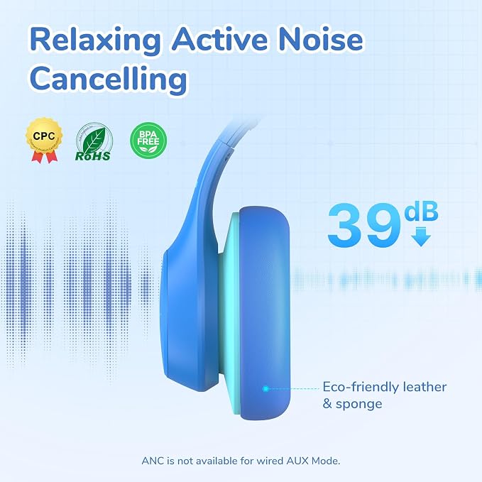 EarFun K4NC Active Noise Cancelling Headphones for Kids,120H Playtime Blue | 74/85/94dBA Volume Limited, Kids Bluetooth Headphones with Mic, Bluetooth 5.4 Stereo Sound Kid Headset for School/Home/Travel - Image 2