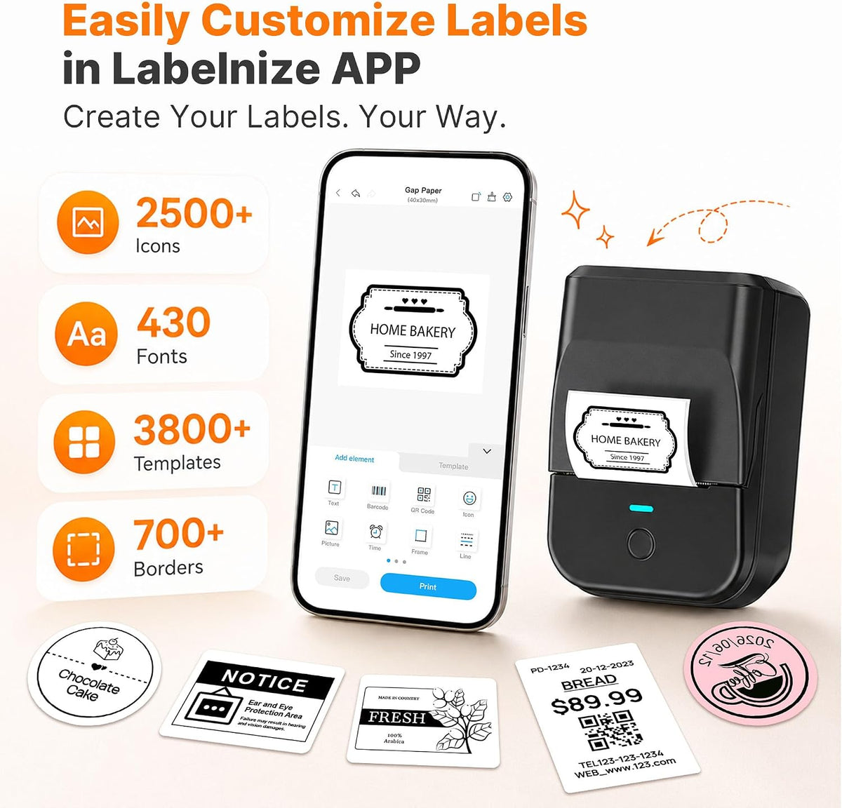 PM240 Label Maker Machine, Black, 3 Rolls with 40x30mm White Labels - Image 2
