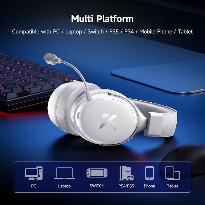 V9 PRO Wireless Gaming Headset 7.1 Surround Sound for PS5 PS4 PC SWITCH TOPSPEED Gaming Headphones, Noise Canceling Mic, 250Hr Battery, Low 15ms Latency, Lightweight, BT 5.3 FPS Games Icy&White - Image 6
