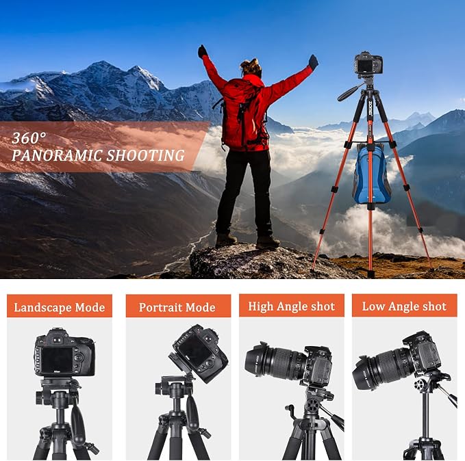 Compact Light Weight Travel Portable Aluminum Camera Tripod Q111 55" for Canon Nikon Sony DSLR Camera YouTube Phone with Carry Case (Orange) - Image 5