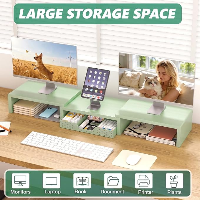 Dual Computer Monitor Stand Riser, Desk Organizer with Drawer, Office Desk Accessories & Workspace Organizers for Home Office Supplies, Green - Image 4