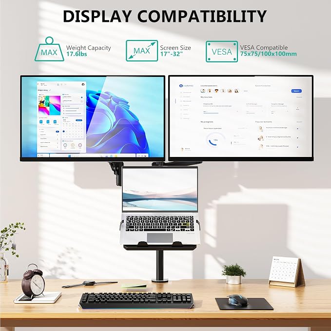 WALI Triple Arm Laptop and Dual Monitor Desk Mount for 17" Notebook and Up to 32" Screens, Adjustable Monitor Arms with Tilt Swivel Rotation, VESA 75x75 100x100, Black (GSDM003LP) - Image 2