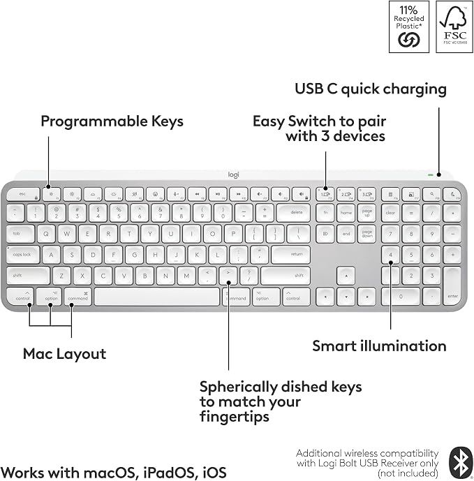Logitech MX Keys S Mac Wireless Keyboard Fluid Precise Laptop - Pale Grey | Fluid precise typing, programmable keys, Bluetooth, USB-C rechargeable, for MacBook Pro, MacBook Air, iMac, iPad - Image 6