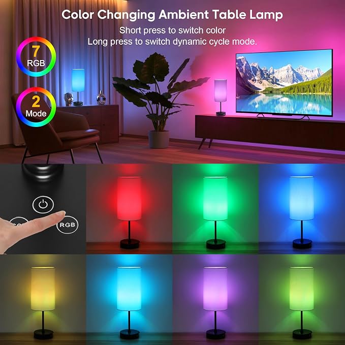 17Inch Table Lamp, 3 CCT 3000K/4500K/6500K & RGB Color Changing, Stepless Dimmable Bedside Lamp for Reading, Ambience Nightstand Light for Home Decor Party, White Shade - Image 3