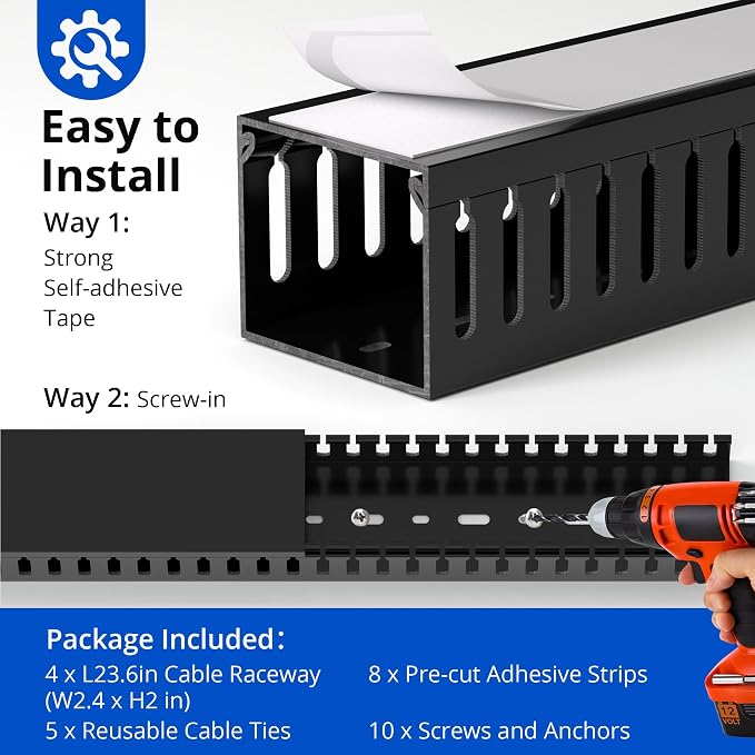 ZhiYo 2"H x 2.4"W Cable Management Raceway, 95in Under Desk Channel, Black | Slotted Wire Duct, 4Pack, 23.6in Each, Heavy-Duty PVC Cable Management for Server Racks, Network Cables & Electrical Cabinets - Image 3