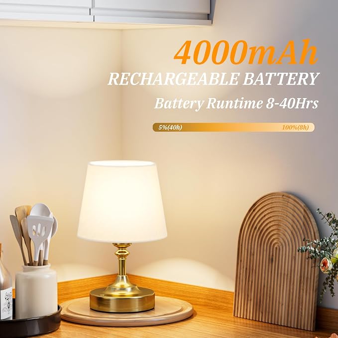 Kakanuo Mini Cordless Table Lamp Gold - 1 Pack 4000mAH Battery Operated Lamp for Decor, 3000K Stepless Dimming Touch Control Rechargeable Lamp for Bedroom, Dining Table, Counter, Living Room - Image 3