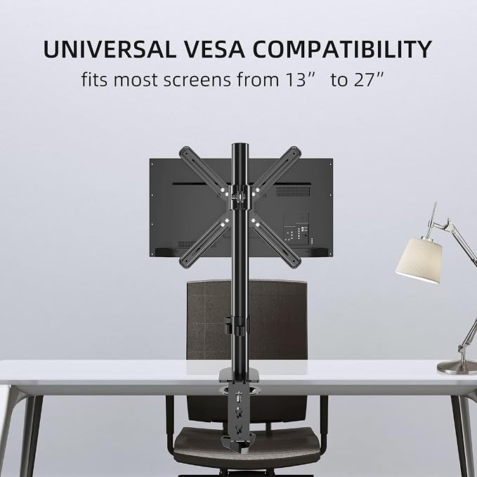 Non-VESA Single Monitor Arm Desk Mount with VESA Adapter Brackets | Holds Screens up to 27inches without VESA Holes, Fully Adjustable Stand, C-Clamp/Grommet Base - Image 5