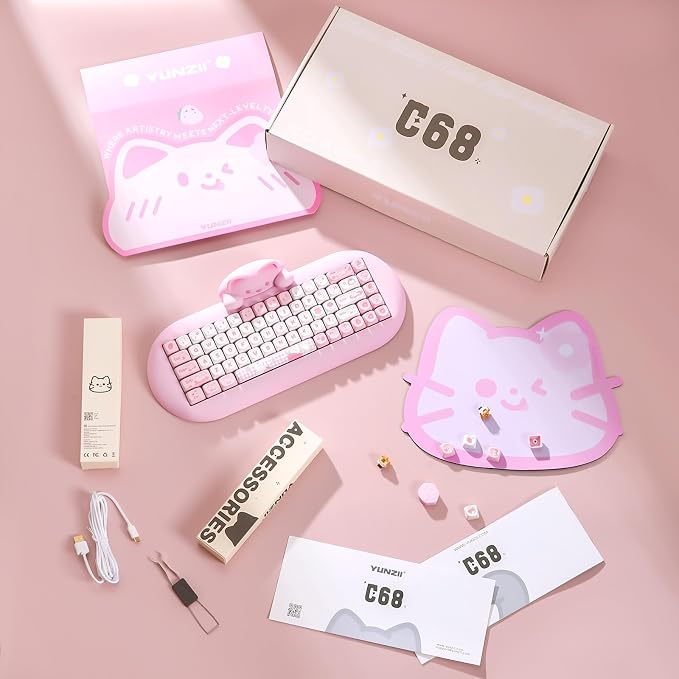 YUNZII C68 Silicone Cute Cat Mechanical Keyboard (Pink, Cocoa Cream Switch) | Wireless Triple Mode BT5.0/2.4G/Wired, RGB Backlit NKRO, Cute Cat Silicone Ergonomic Design for Win/Mac - Image 9