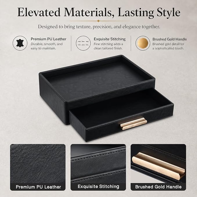 GORESE Leather Valet Tray for Men, Nightstand Organizer with Drawer, Black | Vegan Leather, EDC Desk Organizer Tray for Jewelry Cologne Watch Wallet Key, Catchall Tray for Dresser Entryway Table Bedside - Image 4