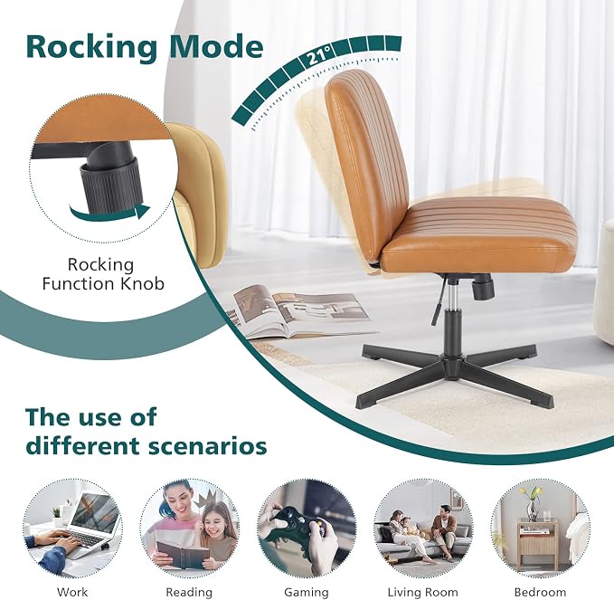 OLIXIS Criss Cross Office Chair, Vanity Chair, Home Office Desk | Wide Seat, Height Adjustable, PU Leather Padded, Armless No Wheels, Bedroom, Study Room, Brown Dual Base - Image 6
