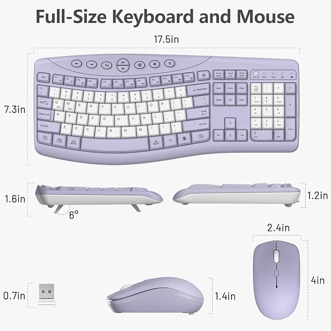 Wireless Keyboard and Mouse Combo, 2.4G Quiet Ergonomic Curved Keys (Purple-B) - Image 8