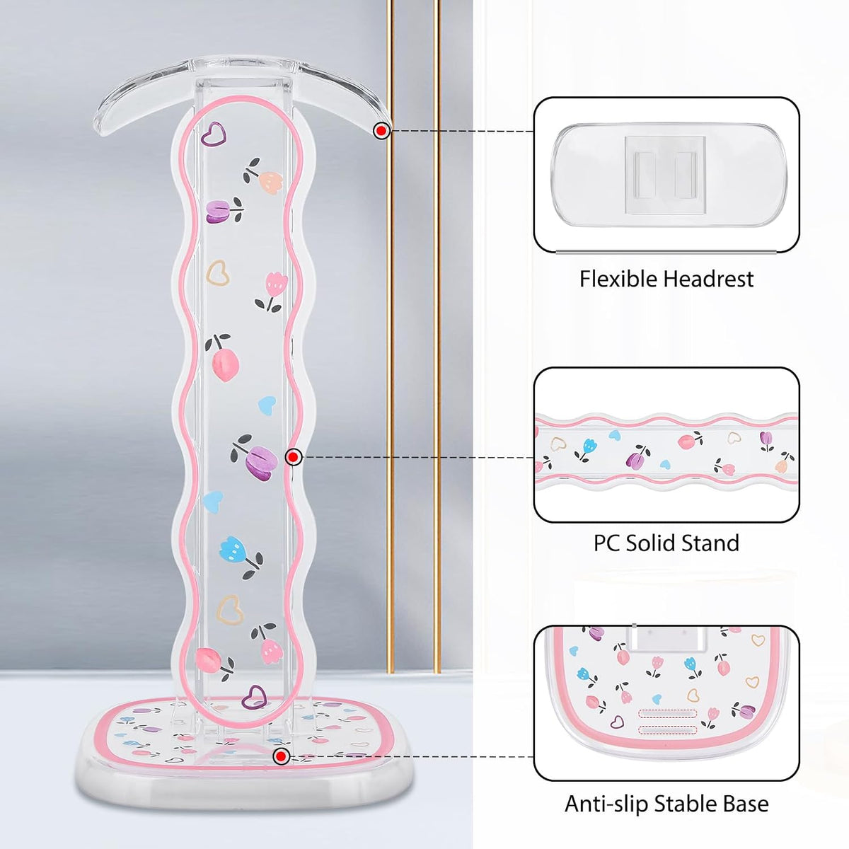 CamyCosy Headphone Holder for Desk, Gaming Headset & Earphone Stand with Tulip Flowers Pattern - Image 4
