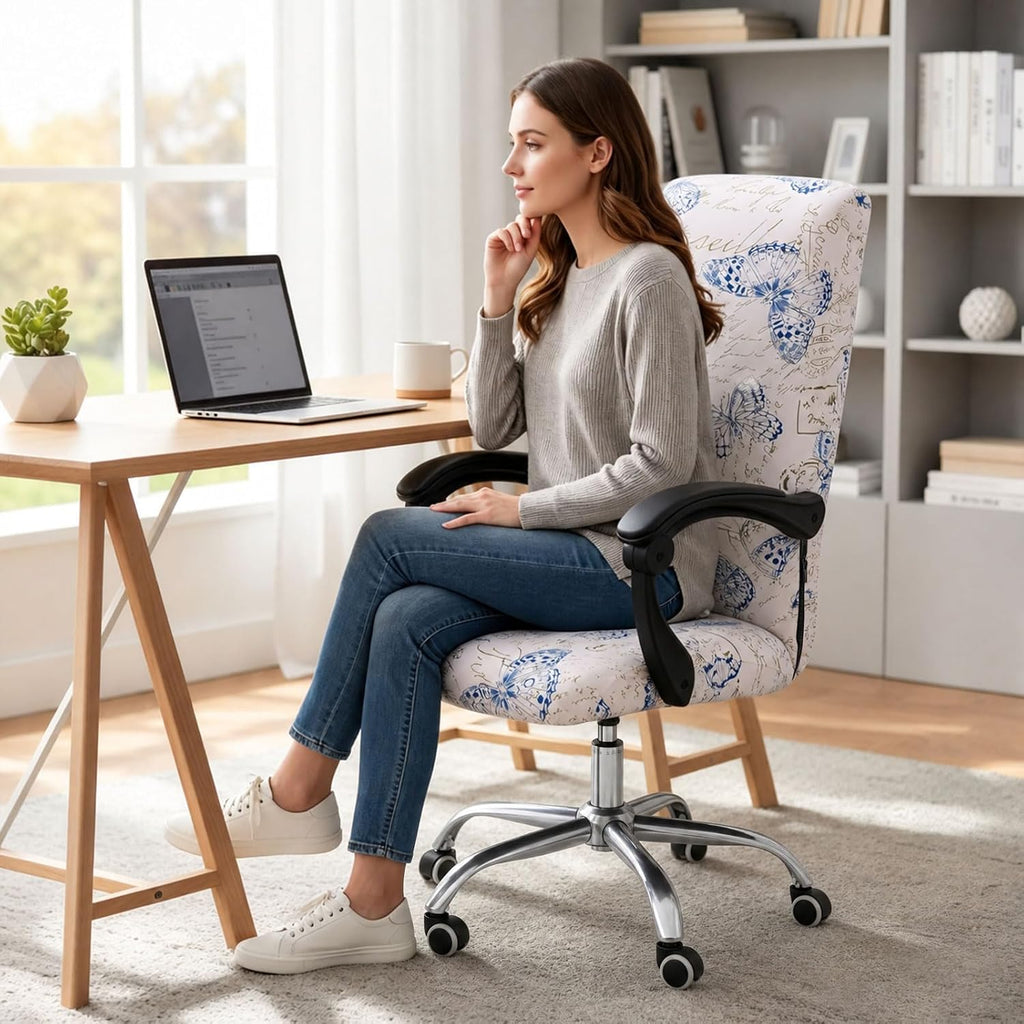 Smiry Stretch Printed Office Computer Desk Chair Covers, White - Image 8