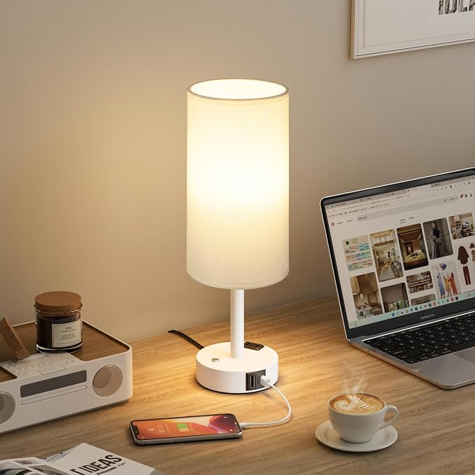 White Touch Bedside Lamp for Bedroom, Stepless Dimmable, USB A+C, AC Outlet | Base Touch Button Only, Memory Brightness, Ultra-dim Night Light, Included Bulb for Optimal Dimming, White Lamp Base, Nursery - Image 8