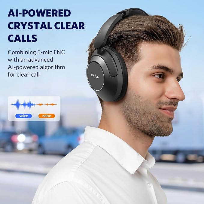 EarFun Wave Pro Active Noise Canceling Headphones, Wireless Over Ear Bluetooth Headphones, LDAC Hi-Res Sound, 5 Mics AI Clear Call, 80H Playtime, Multipoint Connection, Comfort Fit, Custom EQ via App | LDAC Hi-Res Sound, 5 Mics AI Clear Call, 80H Playt... - Image 6