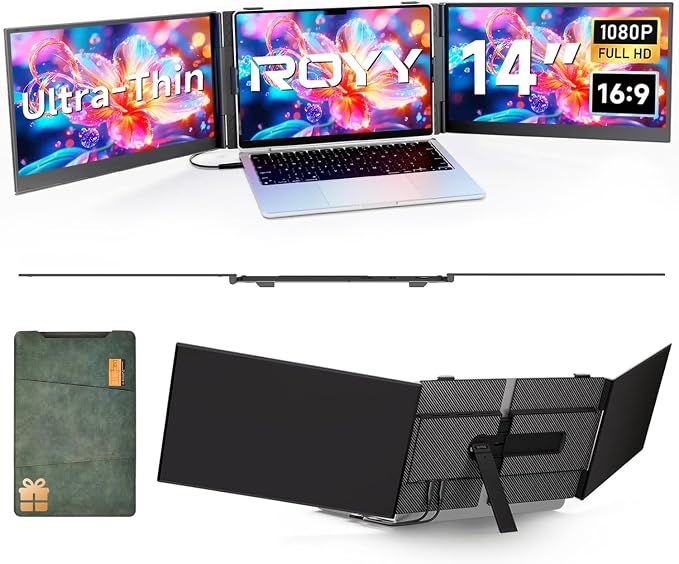 14" Laptop Screen Extender, 0.18" Ultra-Thin Laptop Monitor, Stable Damping Stand with 90° Rotation, 180° Rotation Dual Screen, Extra Compatible with Windows/Mac/Android/Switch/PS Fits 13"-17" Laptops by ROYY