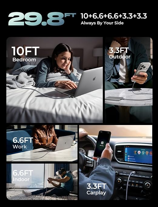 LISEN USB C to USB C Cable, 240W Fast Charging PS/2 Charging Cable | 5-Pack (3.3/3.3/6.6/6.6/10FT) | for iPhone 17/16/15 Series | for Home, Office, Bed, Car, and Travel Charger Cord, Midnight - Image 3