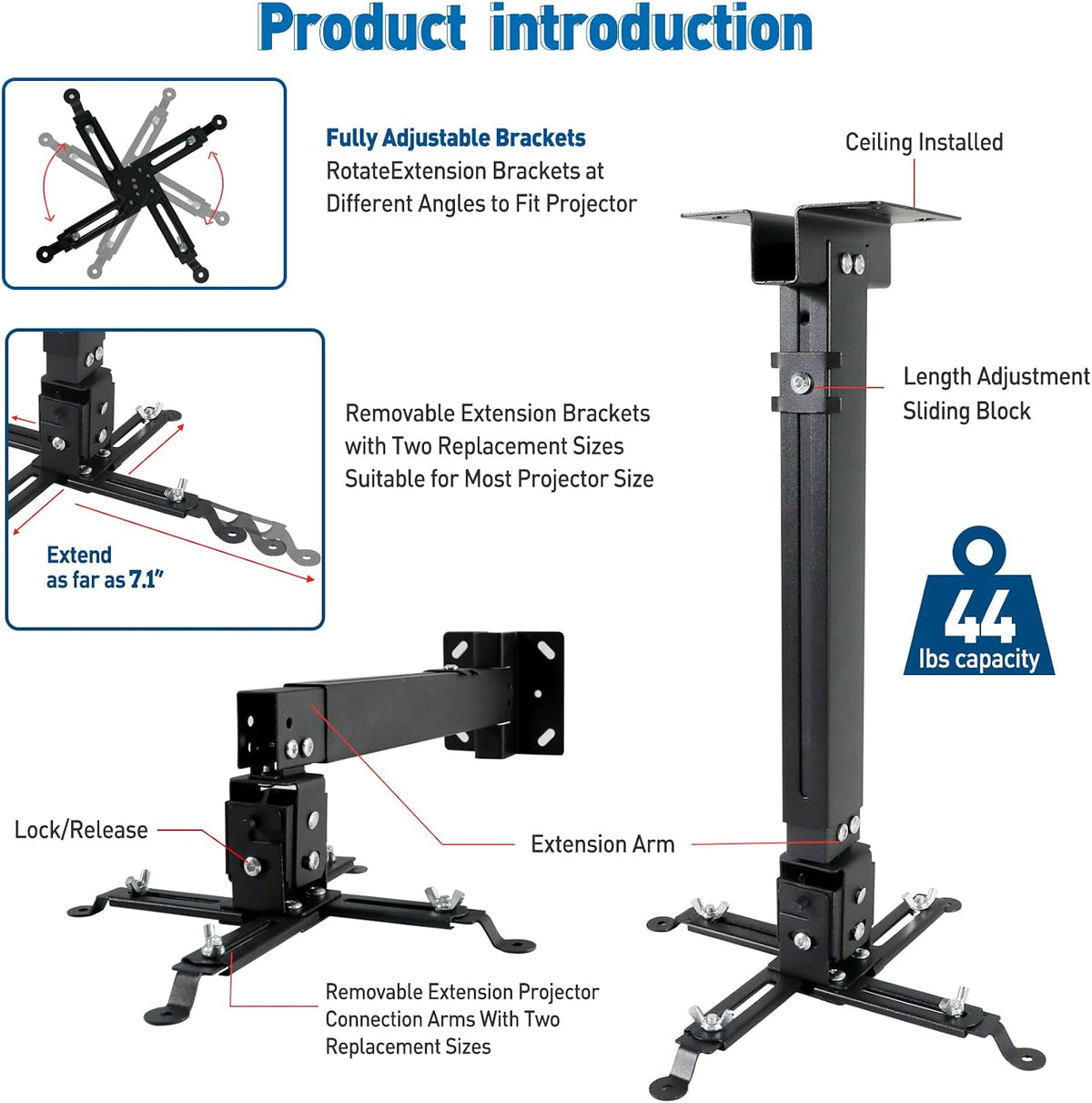Projector Ceiling Wall Mount Adjustable Height from 11 to 13.7 Inches Bracket with Extendable Arms Low Profile Holder Hanger for Home Office Compatible with Epson Optoma Benq (Black) - Image 3