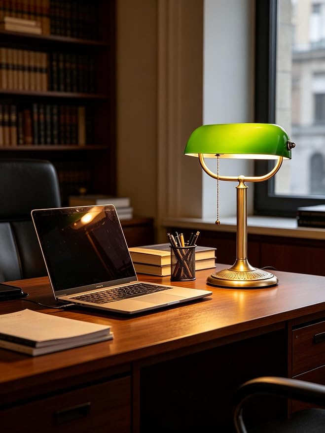 1-Minute Quick-Change Shade Classic Green Glass Bankers Desk Lamp | Study Office Library, LED Bulb Included - Image 6