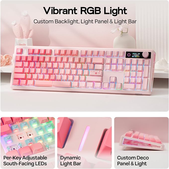 EPOMAKER TH108 V2 PRO Full Size Mechanical Keyboard with Screen&Knob | 10000mAh, BT/2.4Ghz, Mac Modifier PBT Keycap, RGB, Gasket, Wireless Gaming Keyboard for Mac/PC (Pink, Creamy Jade) - Image 4