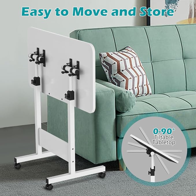 Tiltable Foldable Standing Desk Adjustable Height, Portable Computer Desk with Wheels, Mobile Sit Stand Small Rolling Laptop Table for Walking Pad, Bike Trainer, White - Image 5