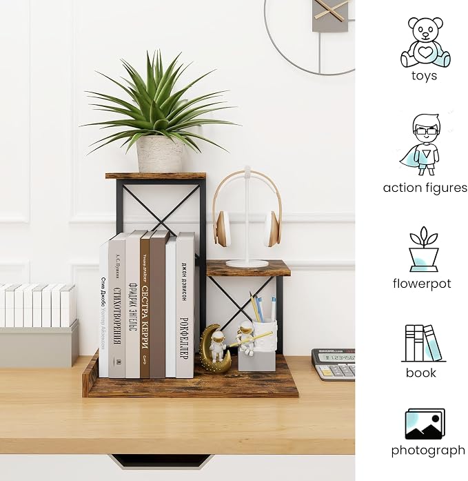 ELITEROO Desk Shelf Organizer, Wood Desktop Organizer Small Bookshelf, 3 Tier Storage Shelf Riser Display Stand for Office Decor and Desk Accessories, Rustic Brown Black - Image 8