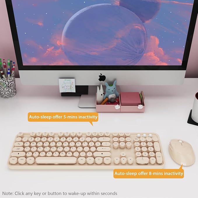 Cute Colorful Wireless Keyboard and Mouse Combo | 104 Keys Typewriter Retro Round Keycaps Keyboard for PC Laptop,Desktop,Windows, Home and Office Keyboards, - Image 4