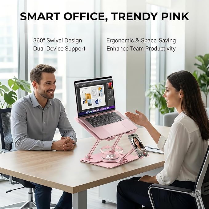 Laptop Stand for Desk,Adjustable Computer Stand with 360° Rotating Base,2-in-1 Laptop Stands with Phone Holder,Ergonomic Laptop Riser for Collaborative Work,fits for All 10-16" Laptops (Pink) - Image 4