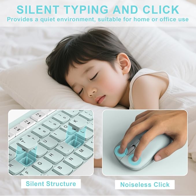 Wireless Keyboard and Mouse Combo Silent for Office and Home(Mint Green) | 2.4G Full Size Silent Cordless Keyboard with Tilt Legs,3-Level DPI Quiet Mouse,for Windows/Mac OS/Desktop/Laptop/PC - Image 3