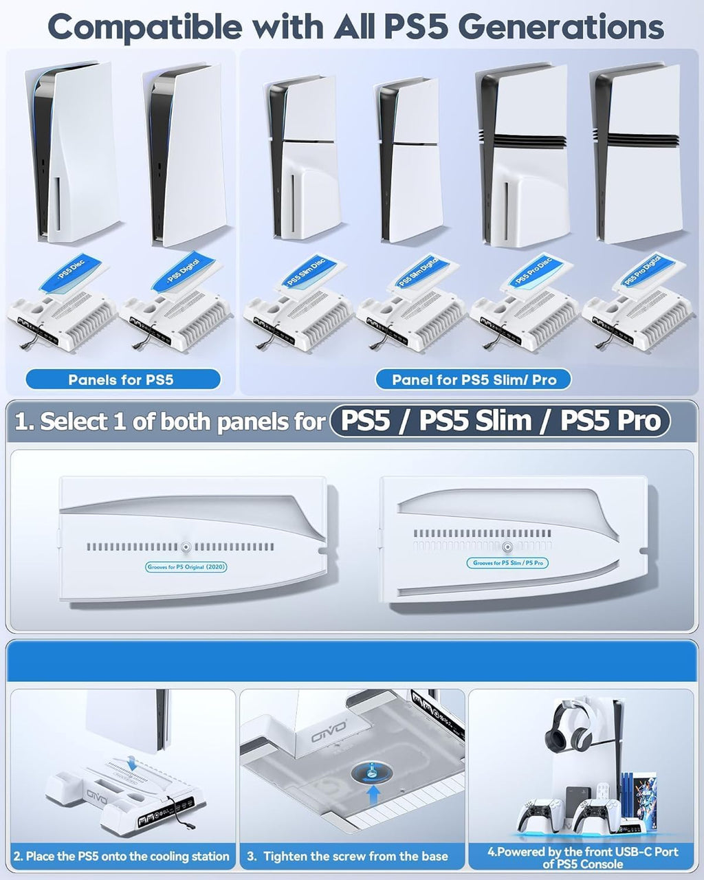 PS5/Slim/Pro Stand and Cooling Station with LED Controller Charging Station for PlayStation 5 Console, Controller Charger, Cooling Stand, PS5/Slim/Pro Skin Accessories Kit with 3 Level Cooler Fan - Image 2