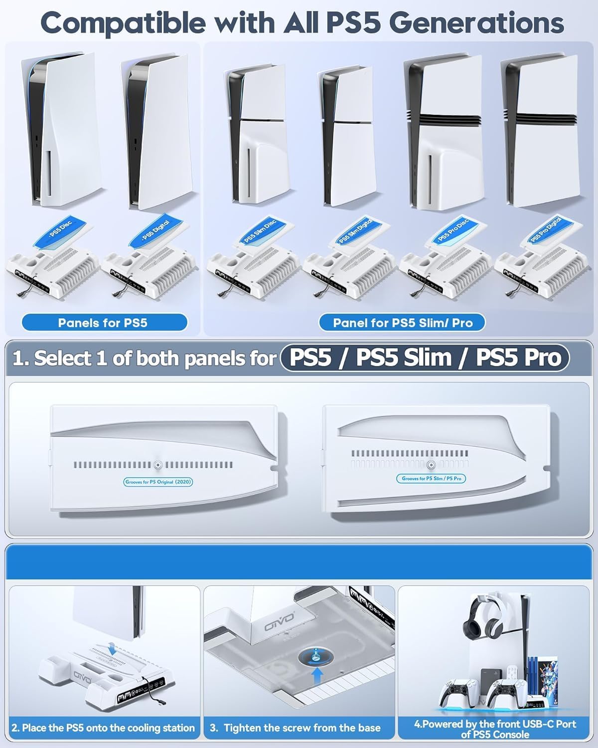 PS5/Slim/Pro Stand and Cooling Station with LED Controller Charging Station for PlayStation 5 Console, Controller Charger, Cooling Stand, PS5/Slim/Pro Skin Accessories Kit with 3 Level Cooler Fan - Image 2