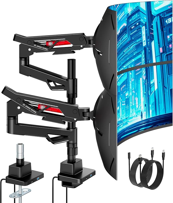 ARES WING Heavy-Duty Gas Spring Dual Ultrawide Monitor Arm57 60Lbs USB VESA | Height Adjustable & Extendable,Built-in USB Port,60Lbs Per Screen, Multi VESA Fit, Clamp & Grommet Base For Ultrawide Screens by ARESWING