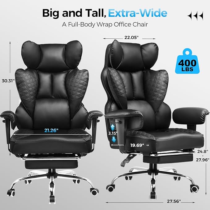 GTPLAYER Big and Tall Gaming Chair 400lbs Heavy Duty Office Chair with Foot Rest & Ergonomic Pocket Spring Lumbar Support, High Back 3D Saddle Shaped Cushion for Back Pain Relief, Matte-Black - Image 2