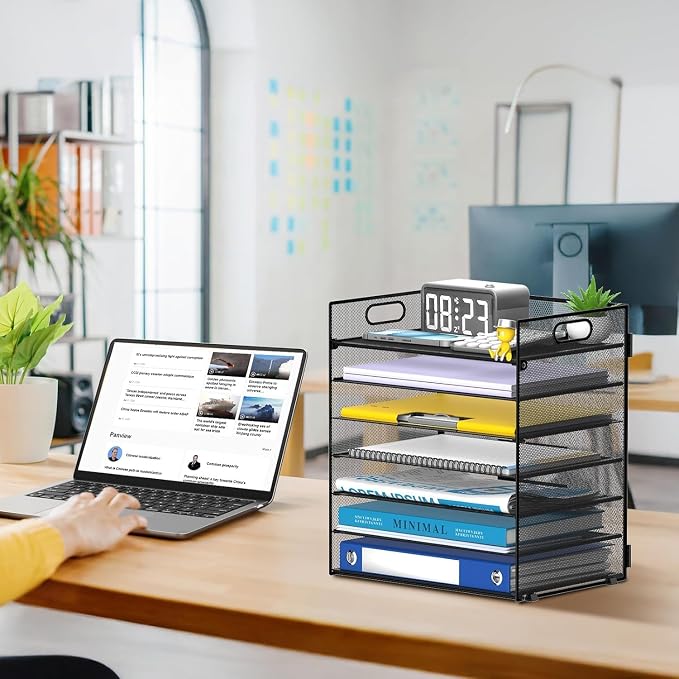 7 Tier Paper Organizer for Desk with Mesh Letter Trays and Handle 2 Pack | 2 Pack Desk File Organizer with Handle for Sorting Papers, Files, Folders, Mail, Bills and Office Supplies - Image 3